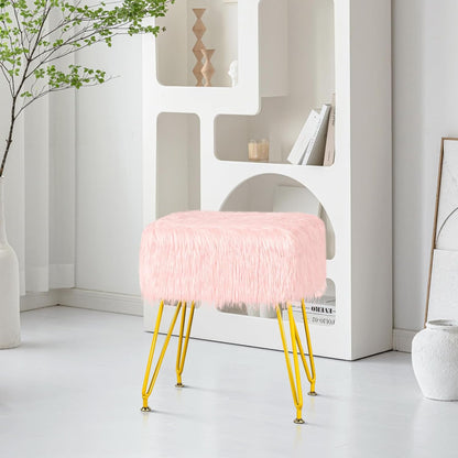 Vanity Stool Chair with Storage, Soft Ottoman Seat Vanity Chair with Anti-Slip Feet, Fluffy Padded Seat Multifunctional Footrest Side Table with 4 Metal Legs for Makeup, Bedroom, Dorm, Pink