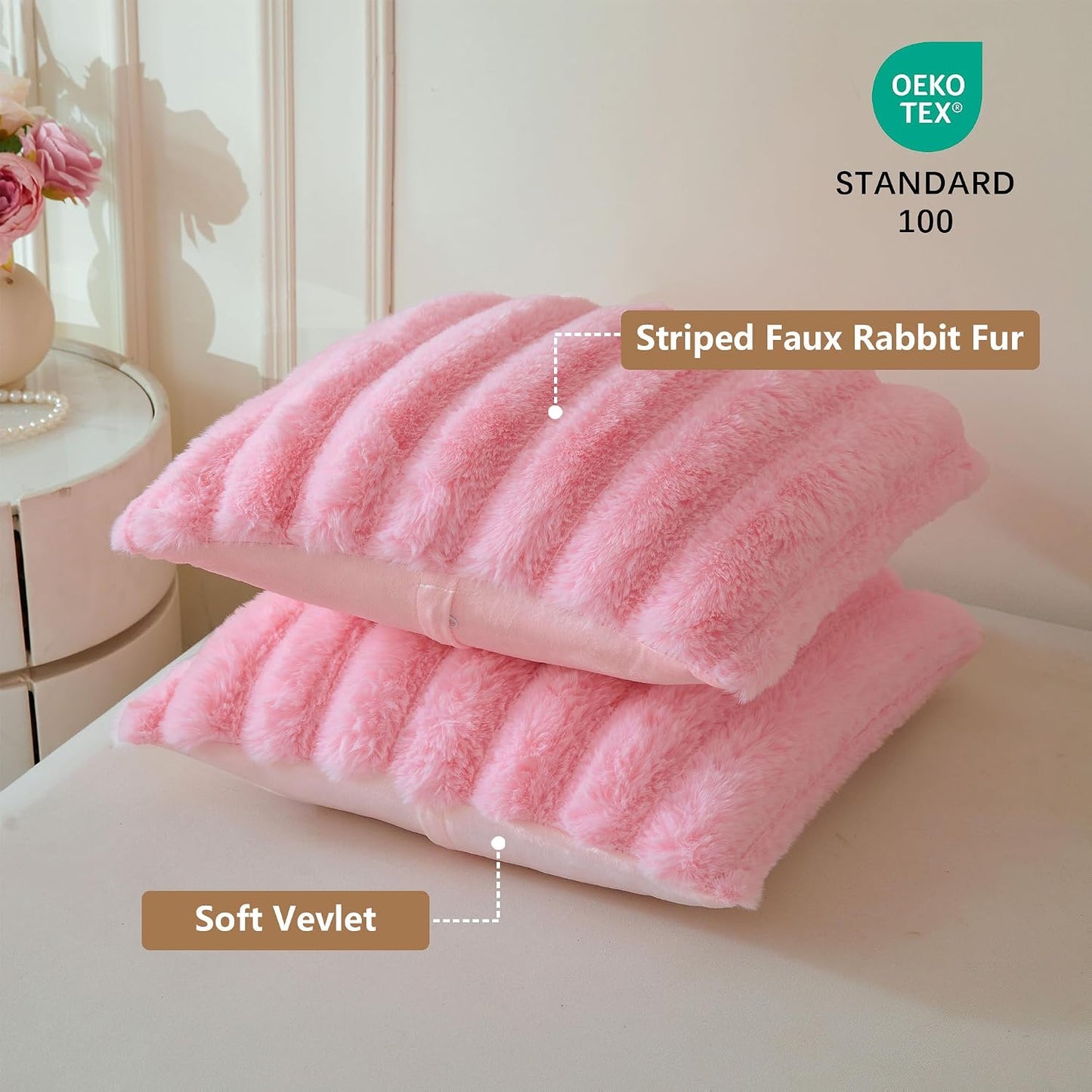 MEGO Pack of 2 Fluffy Faux Rabbit Fur Pillowcases, Soft Striped Plush Fuzzy Bed Pillow Cases with Zipper, Aesthetic Shaggy Furry Ribbed Long Pillow Covers for Kids Girls Adults 20x26, Standard, Pink
