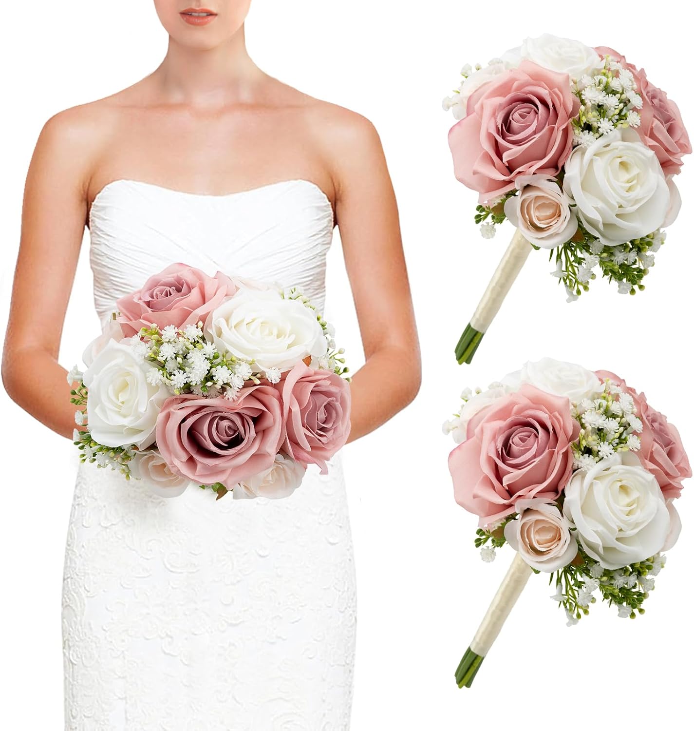 Wedding Bridesmaid Bouquets Set of 2, Artificial Silk Flowers Arrangement for Ceremony Marriage Proposal Party Anniversary Decorations - Dusty Pink & White