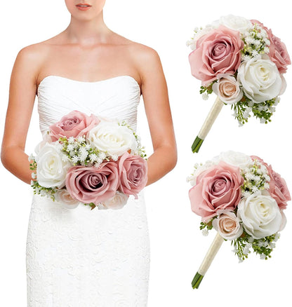 Wedding Bridesmaid Bouquets Set of 2, Artificial Silk Flowers Arrangement for Ceremony Marriage Proposal Party Anniversary Decorations - Dusty Pink & White