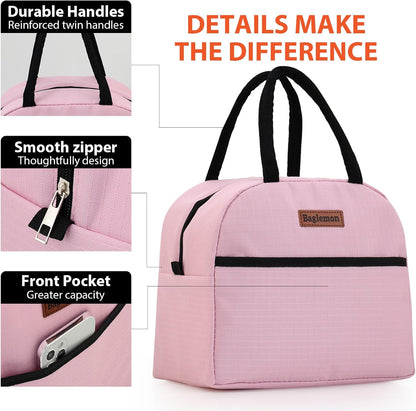 Baglemon Insulated Lunch Bag for Women Men, Lunch Containers Reusable High Capacity Lunch Tote Bags for Work Picnic (Pink)