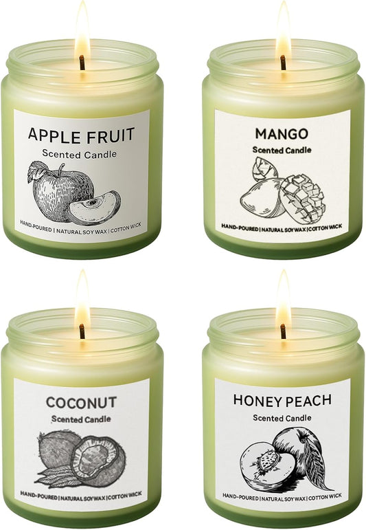 Scented Candle Gift Set, 4 Pack 25oz Soy Wax Candles, 200 Hour Burn Time, Long Lasting Aromatherapy Candles for Home Fragrance, Ideal Gift for Women and Men – Mango, Apple, Peach, Coconut