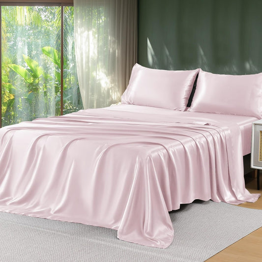 Sasttie Satin Sheets King - 4 Pieces Luxury Soft Pink Silky Bed Sheets Set with Pillowcases - Smooth Silk-Like Satin Fabric, Reinforced 14 Inches Pocket, Oeko-Tex Certified