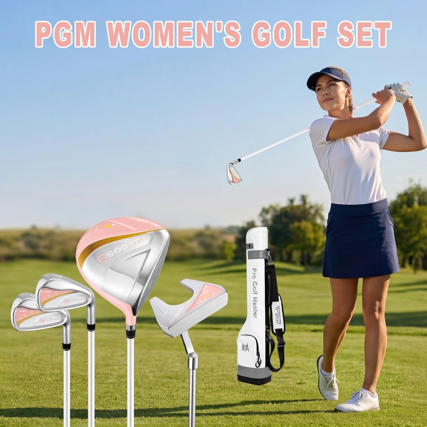 PGM Women's Golf Clubs Full Set for Right Handed with Driver Woods Hybrid Irons Wedges Putter, Lady Flex Complete Golf Set for Beginner to Intermediate Golfers with Headcovers and Club Bag