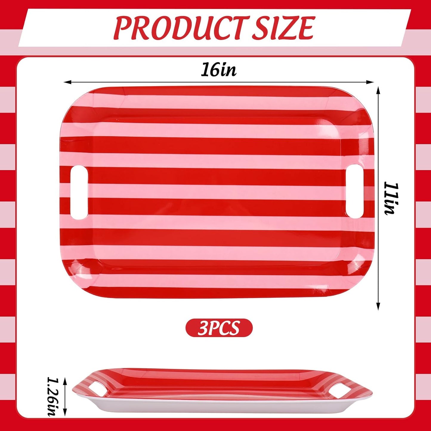 Whaline 3 Pcs Stripe Serving Trays Melamine Platter Red Pink Serving Dishes for Baby Shower Wedding Party Sharing Food Supplies, 16.5 x 11 Inch
