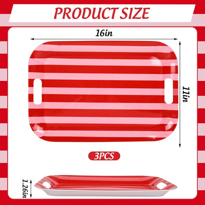 Whaline 3 Pcs Stripe Serving Trays Melamine Platter Red Pink Serving Dishes for Baby Shower Wedding Party Sharing Food Supplies, 16.5 x 11 Inch