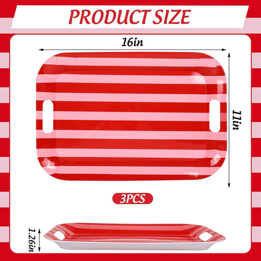 Whaline 3 Pcs Stripe Serving Trays Melamine Platter Red Pink Serving Dishes for Baby Shower Wedding Party Sharing Food Supplies, 16.5 x 11 Inch