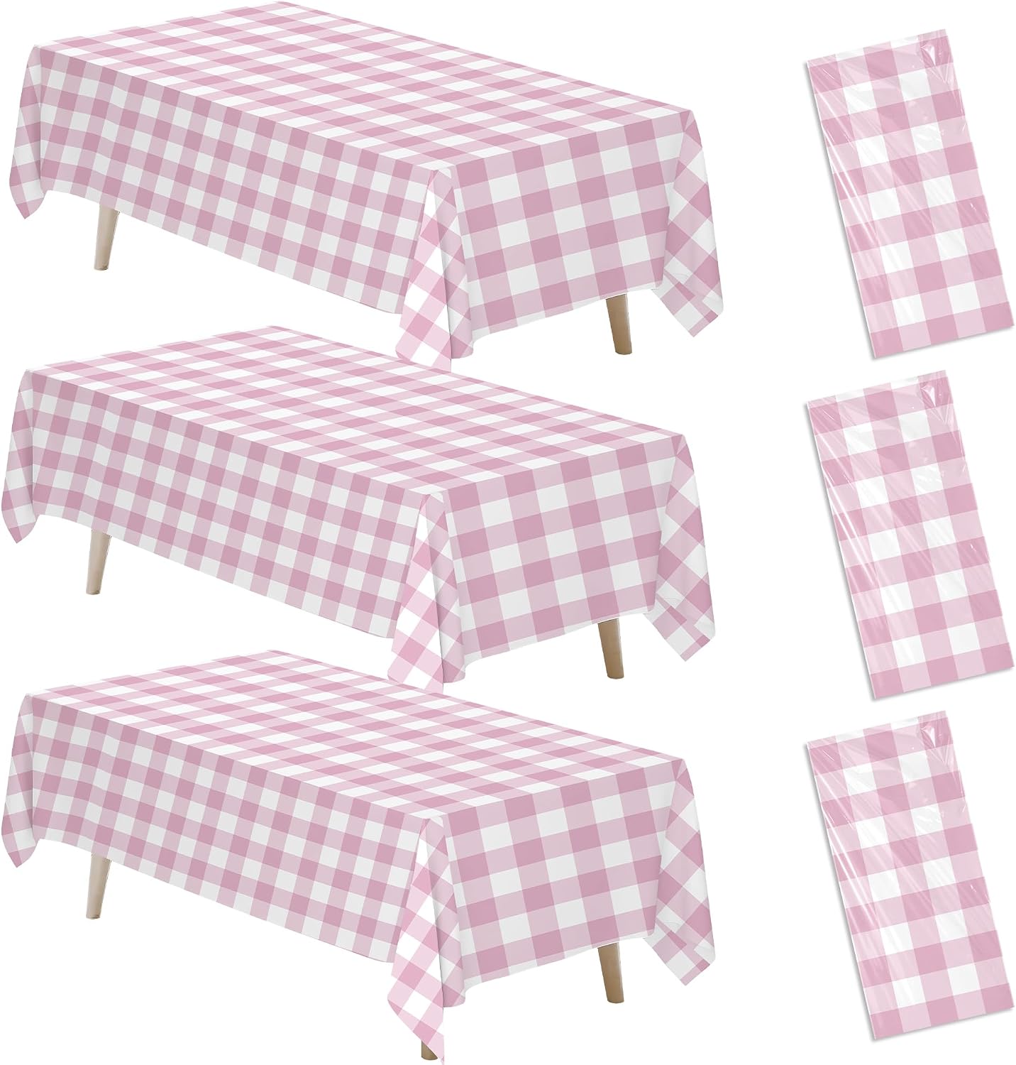 Light Pink Gingham Party Tablecloth Decorations, 3 Pack Pink Checkered Disposable Plaid Party Supplies Tablecover, for Birthday Baby Shower Bridal Wedding, 55in x 86in