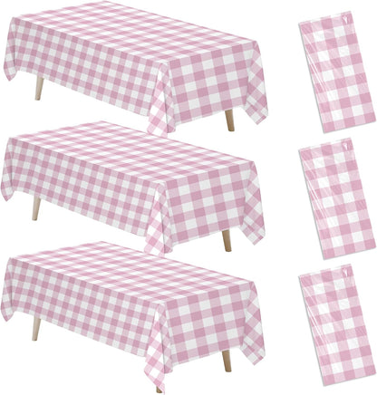 Light Pink Gingham Party Tablecloth Decorations, 3 Pack Pink Checkered Disposable Plaid Party Supplies Tablecover, for Birthday Baby Shower Bridal Wedding, 55in x 86in