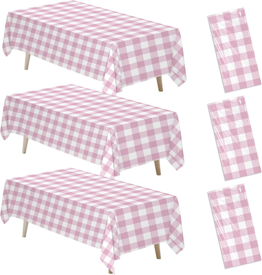Light Pink Gingham Party Tablecloth Decorations, 3 Pack Pink Checkered Disposable Plaid Party Supplies Tablecover, for Birthday Baby Shower Bridal Wedding, 55in x 86in