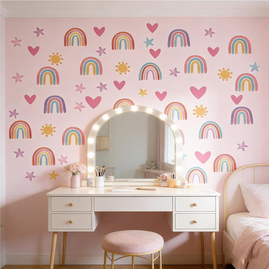 6 Sheets Pastel Rainbow & Heart Wall Decals - Cute Watercolor Star/Sun Stickers for Girls' Room Nursery Bedroom Decor, Removable Self-Adhesive Pink Kids Wall Art