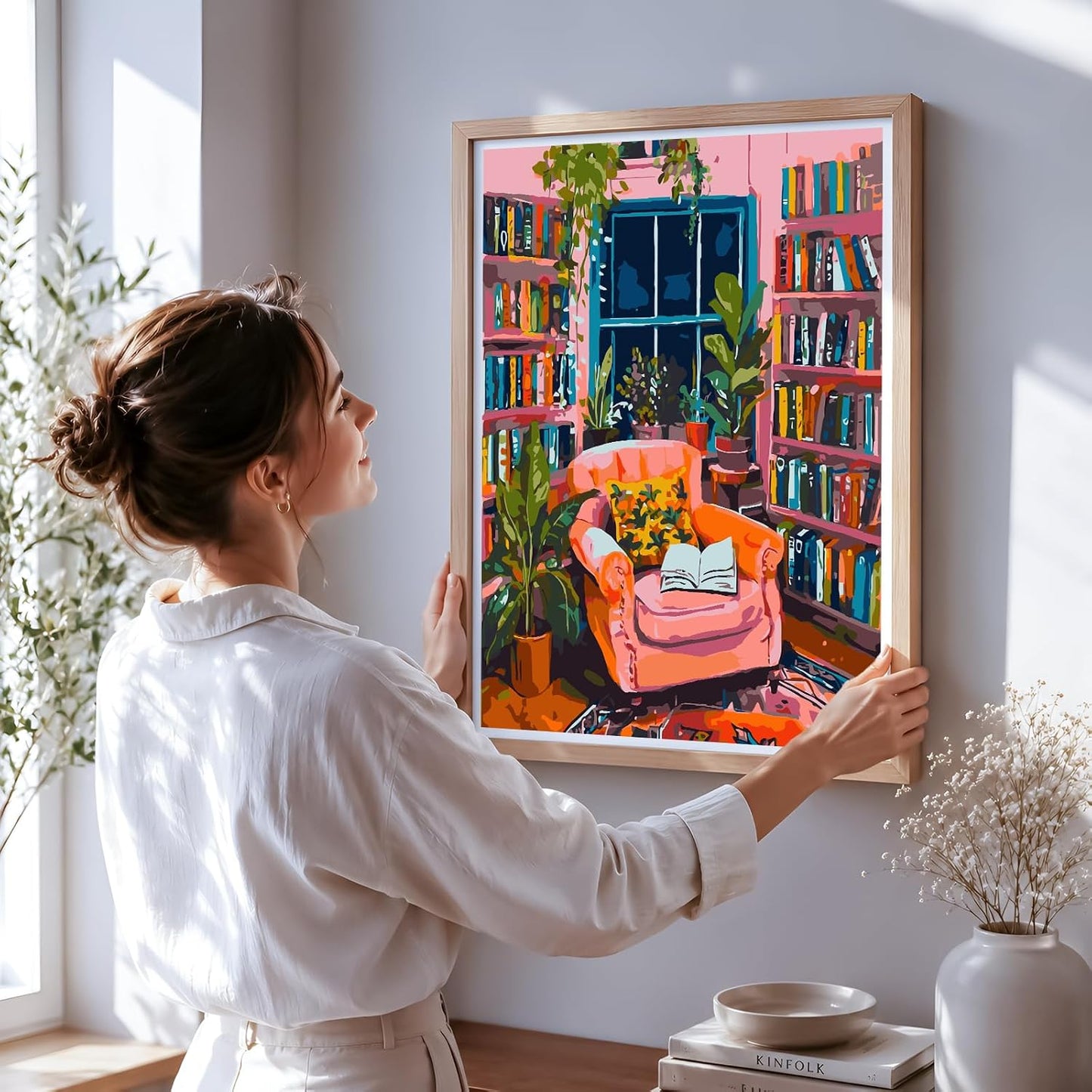 NXIKYO Pink Room Paint by Number for Adults Beginners, Study Room Adults Paint by Numbers Kits on Canvas, DIY Oil Painting Acrylic Paints for Home Wall Art Decor(16x20inch)