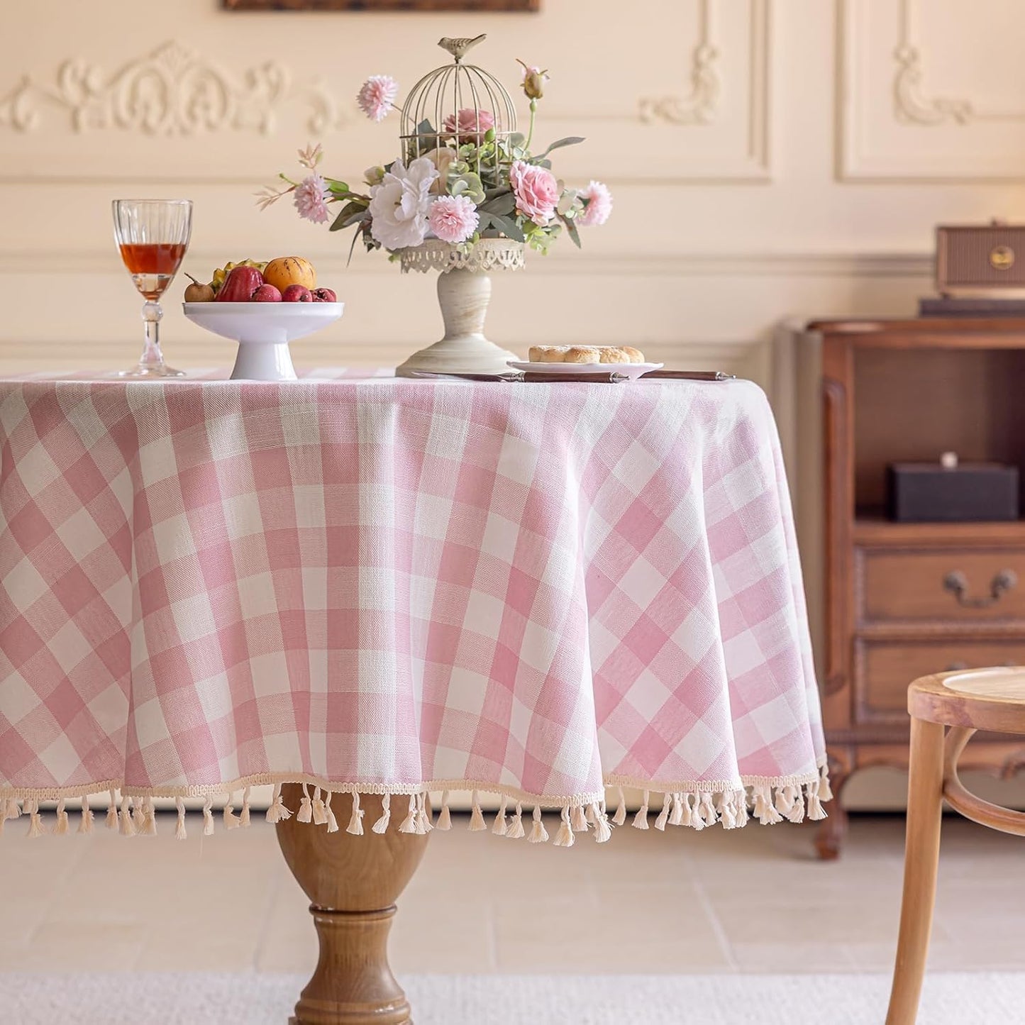Alsoo Pink Gingham Tablecloth Round 60 inch, Summer Washable Checkered Plaid Table Cloth Cotton Linen Fabric for Mothers Valentine's Day Outdoor Picnic Party