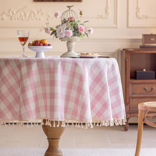 Alsoo Pink Gingham Tablecloth Round 60 inch, Summer Washable Checkered Plaid Table Cloth Cotton Linen Fabric for Mothers Valentine's Day Outdoor Picnic Party