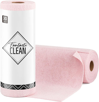 Fantasticlean Microfiber Cleaning Cloth Roll -30 Pack, Tear Away Microfiber Towels, 12" x 12", Reusable, Washable, Scratch Free, Ultra Absorbent Dishcloth for All-Around Cleaning Supplies (Pink)
