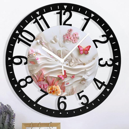 Metal Wall Clock for Living Room -10" Pink Butterflies and Fish in Coral Garden Silent Non Ticking,Battery Operated, Antique Clocks for Farmhouse,Bedroom,Kitchen - Arabic Numerals