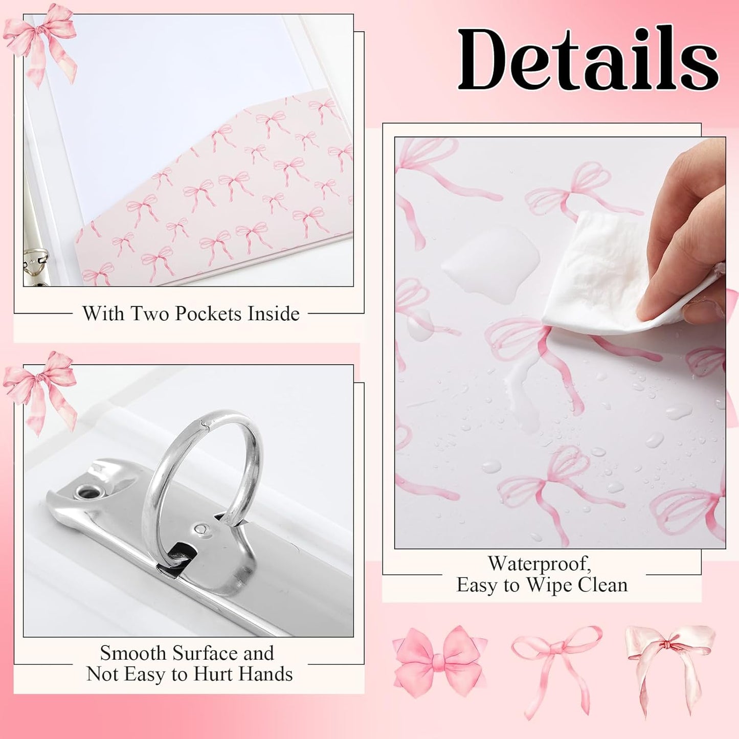 ReliThick 4 Pcs Letter Size Cute Bow 3 Ring Binder, 1 Inch Round Ring with Interior Pockets, Decorative Cute Binders, Clipboard Binder, Coquette School Supplies for School Office(Pink)