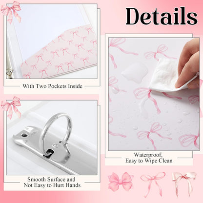 ReliThick 4 Pcs Letter Size Cute Bow 3 Ring Binder, 1 Inch Round Ring with Interior Pockets, Decorative Cute Binders, Clipboard Binder, Coquette School Supplies for School Office(Pink)
