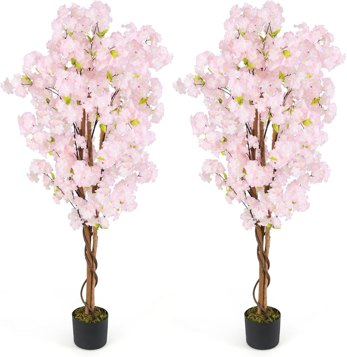 GOFLAME 5FT Artificial Cherry Blossom Tree, 2 Pack Faux Pink Silk Plant with Solid Wood Trunk, Realistic Moss and Nursery Pot, Fake Sakura Flower Tree for Home Office Indoor Decor