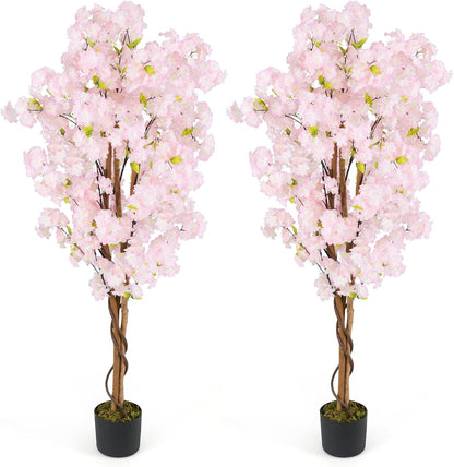 GOFLAME 5FT Artificial Cherry Blossom Tree, 2 Pack Faux Pink Silk Plant with Solid Wood Trunk, Realistic Moss and Nursery Pot, Fake Sakura Flower Tree for Home Office Indoor Decor