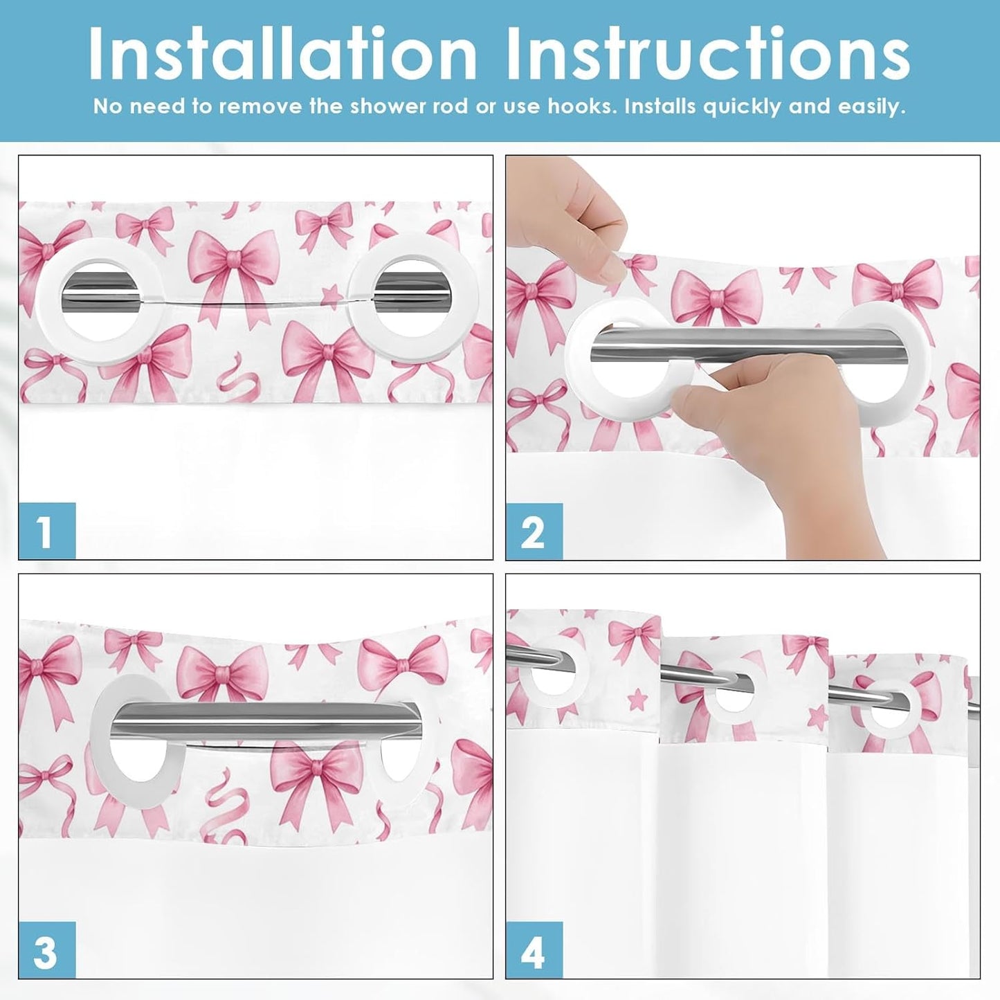 No Hook White Pink Bow Shower Curtain with Snap in Fabric Liner Set, Girls Cute Double Layers Waterproof Fabric with See Through Top Window Open Grommet Bath Curtain 71x74 Inch