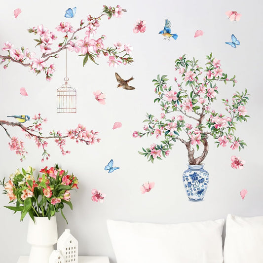 Mfault Watercolor Floral Bird Chinoiserie Wall Decals Stickers, Pink Peach Blossom Flower Branches Butterfly Porcelain Decorations Bedroom Art, Spring Summer Birdcage Home Living Room Kitchen Decor