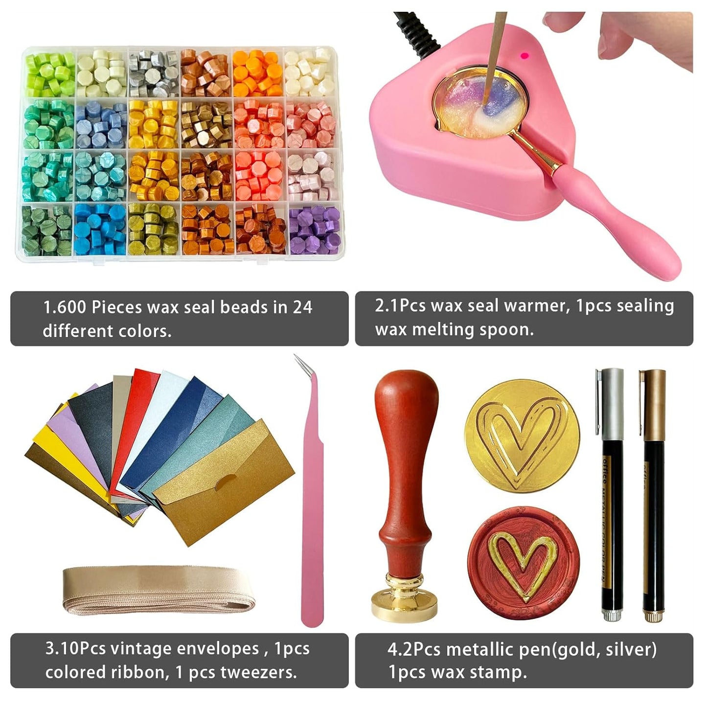 Electric Wax Seal Warmer Kit - Complete Set with Heart Stamp, 600 Wax Beads, 10 Envelopes & 2 Pens - Perfect for Wedding Invitations & DIY Letters (001Pink)