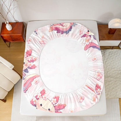 Erosebridal Kawaii Pink Axolotl Fitted Sheet Full Size Cartoon Peach Blossoms Bed Sheets Flower Salamander Bedding Set for Kids Boys Girls Women Lovely Animal Sheets