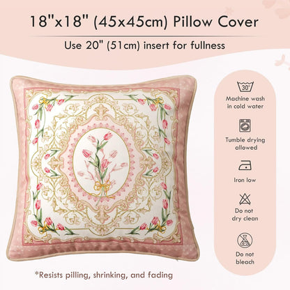 Floral Throw Pillow Covers, Velvet Euro Shams Decorative Light Pink Throw Pillows 18x18 for Couch Sofa Bed, Pink Tulip