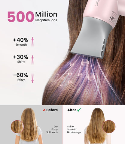 Hair Dryer,150000 RPM Ionic Blow Dryer with 500M Negative Ions, Lightweight Travel Hair Dryer with Magnetic Diffuser & Nozzle for Fast Drying, Low Noise Brushless Motor for Salon & Home Use,Pink