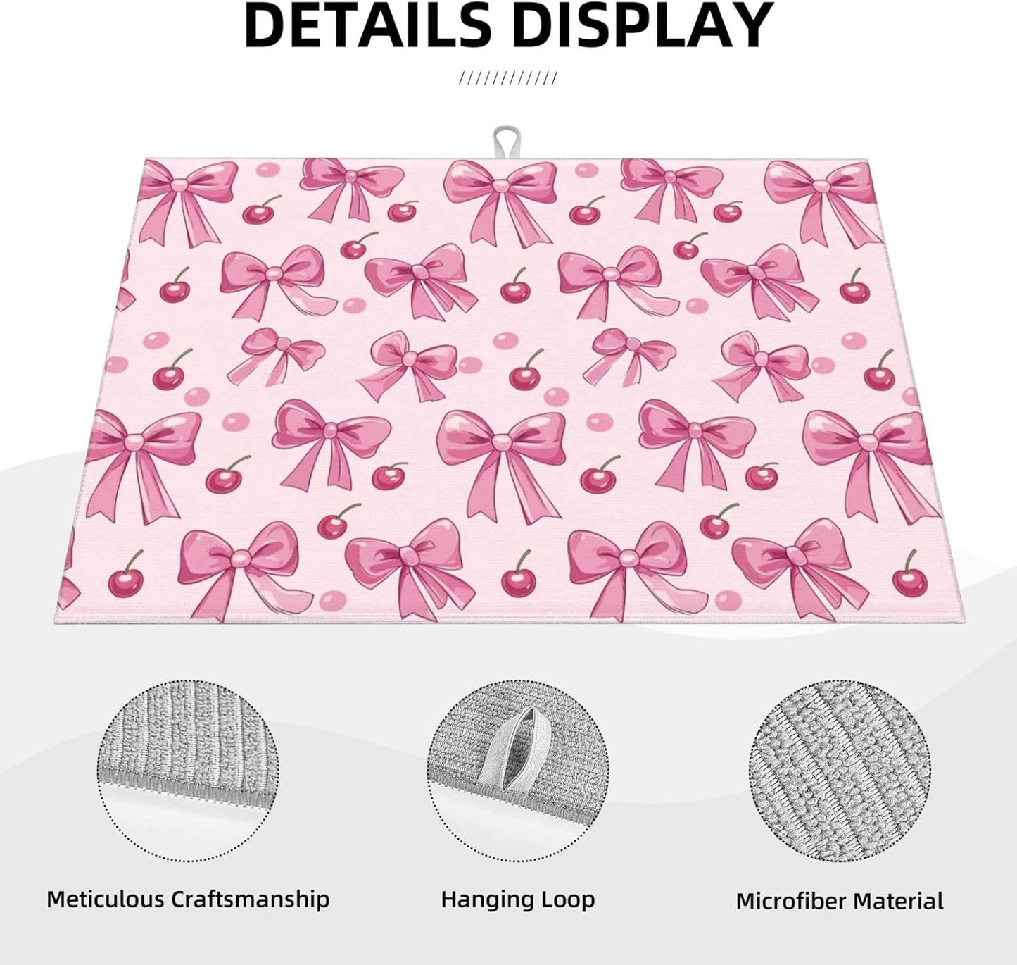 Dish Drying Mat for Kitchen Pink Bow Pattern Cherry Counter Absorbent Dishes Drainer Microfiber Large 18x24 Inch