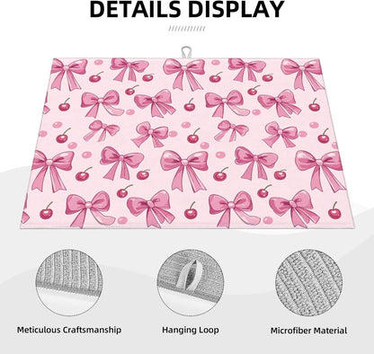 Dish Drying Mat for Kitchen Pink Bow Pattern Cherry Counter Absorbent Dishes Drainer Microfiber Large 18x24 Inch