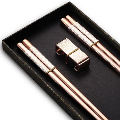 Titanium Stainless Steel 18/8 Reusable Chopsticks - 2 Pairs with Holder, Dishwasher Safe, Lightweight Japanese Style Gift Set (Rose Gold)