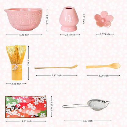 GarveeHome Japanese Matcha Tea Set – 8-Piece Chawan Ceremony Kit with Ceramic Spout Bowl, Wooden Whisk, Scoop, Sifter, Holder, Tea Towel – Great for Beginners & Enthusiasts – Pink, 24×17.5×10.5cm