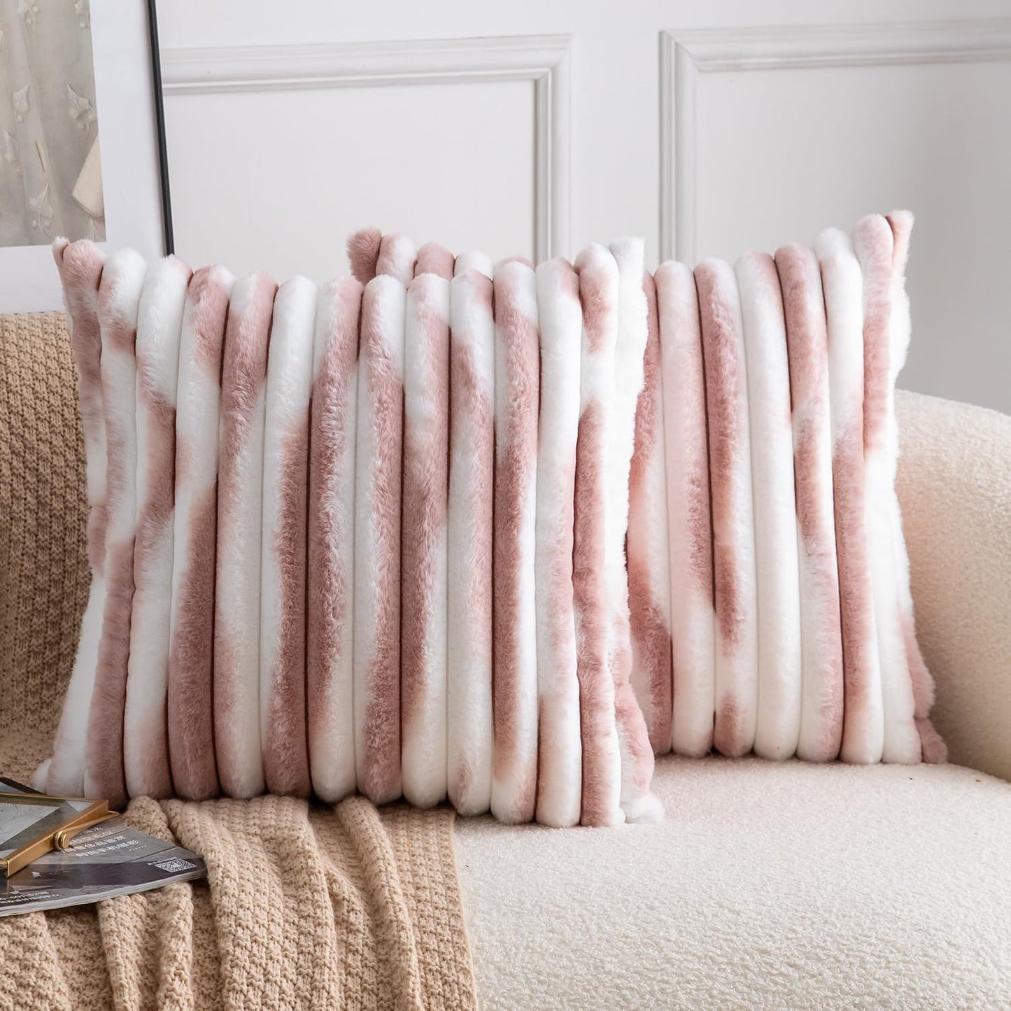 MADIZZ Set of 2 Faux Wool Plush Decorative Throw Pillow Covers 18x18 Inch Pink White Fluffy Striped Soft Decorative Cushion Cover for Sofa Bedroom Pillow Shell