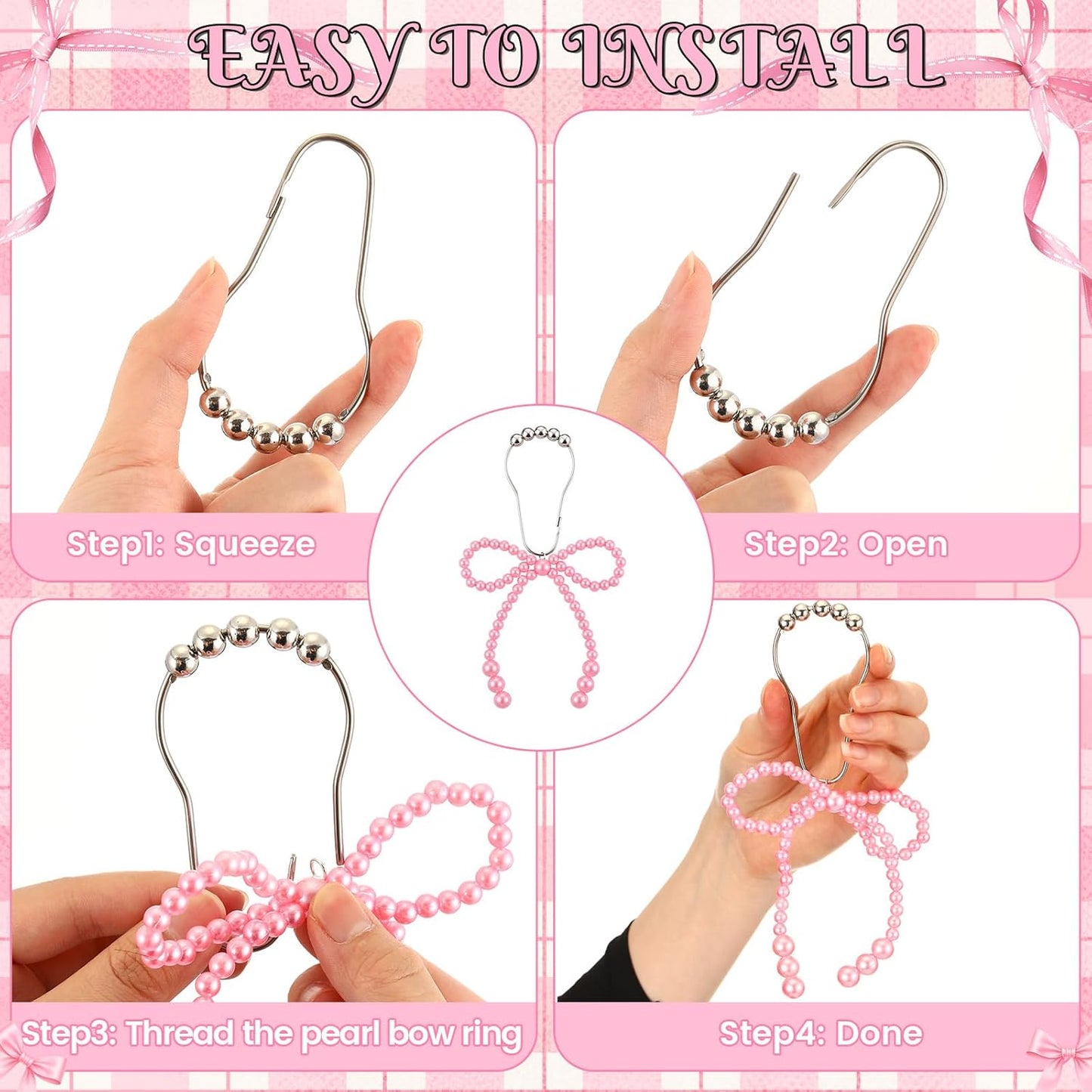 Novabright 12 Pcs Pearl Bow Shower Curtain Hooks Decorative Elegant Bowknot Shower Curtain Rings Hangers for Standard Rods Bathroom Baby Room Decoration (Pink)