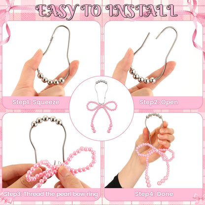 Novabright 12 Pcs Pearl Bow Shower Curtain Hooks Decorative Elegant Bowknot Shower Curtain Rings Hangers for Standard Rods Bathroom Baby Room Decoration (Pink)