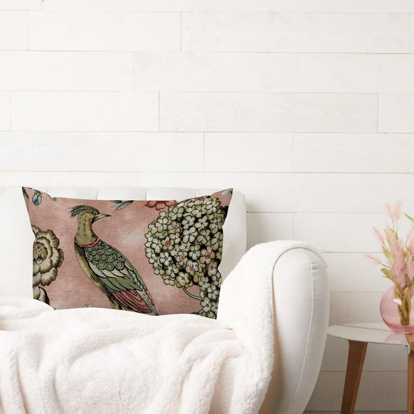 ArogGeld Chinoiserie Cushion Cover Pink Blush Chinoiserie Bird Throw Lumbar Pillow Cover Hydrangea Camellia and Peacock Pillow Cases Farmhouse Decor for Living Room Bedroom 12x20in White Flax