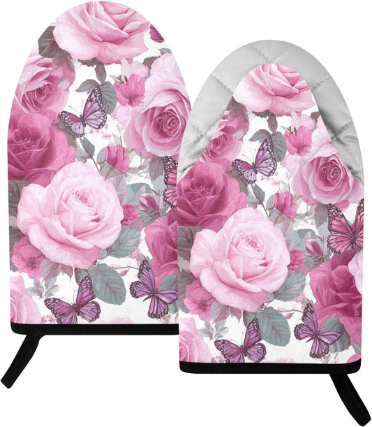 Oven Mitt 2 Pack Set Vivid Pink Rose Flowers Kitchen Mitts Gloves for for Cooking Baking Grilling