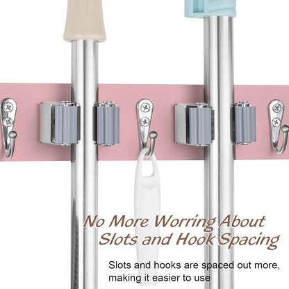 OUTNILI Pink Mop Broom Holder Wall Mount with 4 Slots & 4 Hooks - Wood Broom Mop Hanger for Pantry Closet Laundry Room Kitchen Organization - for Pink Kitchen Decor and Accessories