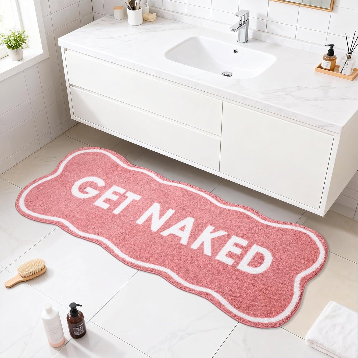 BSSN Get Naked Bath Mat, Cute Pink Bathroom Rug Runner, 18" x 47" Large Microfiber Shaggy Bath Mat - Ultra Absorbent, Non-Slip, Machine Washable Fun Aesthetic Decor Rug for Tub, Shower, Vanity