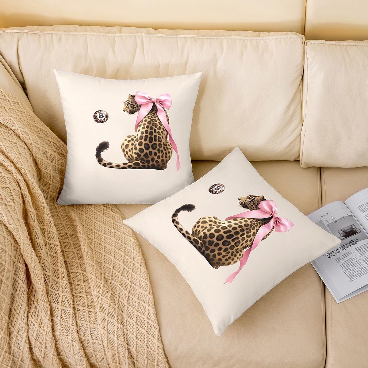Manfei Pink Bow Cheetah Throw Pillow Cover Brown Leopard Lucky 8 Ball Double Sides Pillow Case for Kids Boys Girls Room Decor,Wild Animal Theme Cushion Cover for Bed Couch Sofa,1 Pack 24"x24"