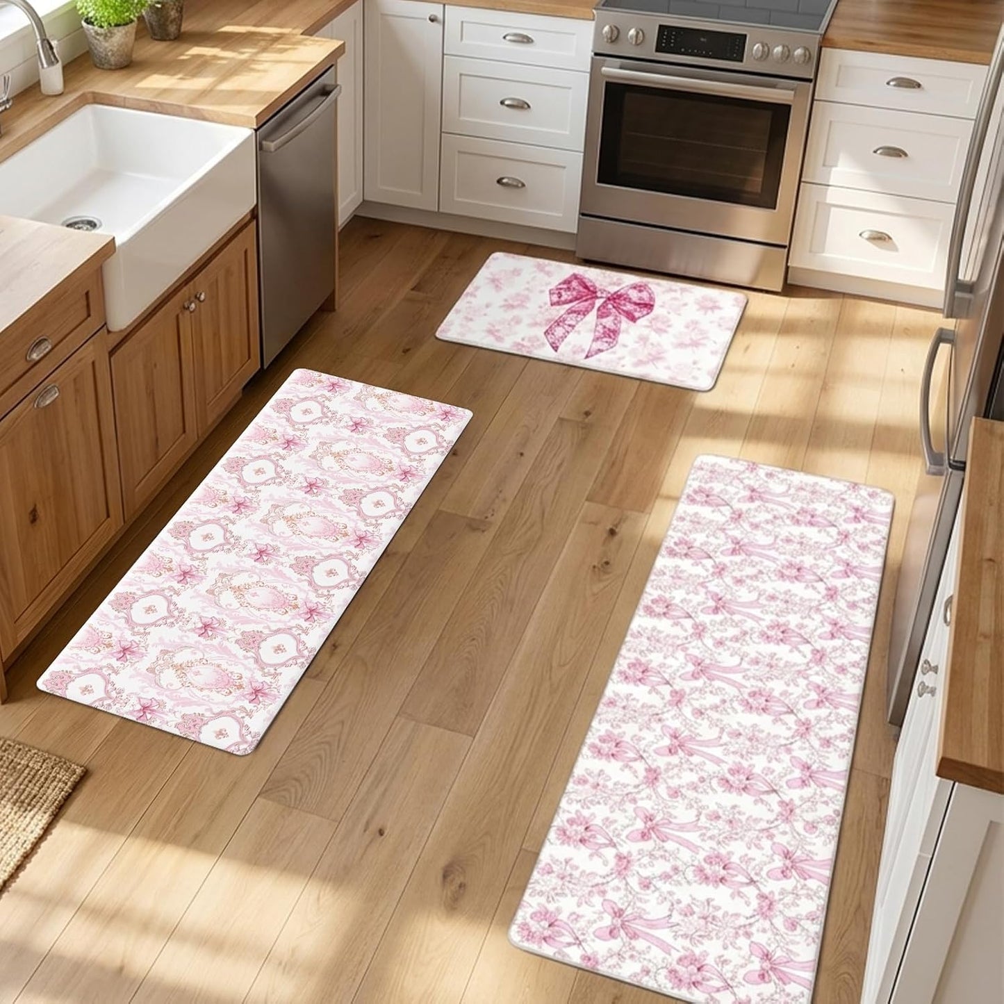Pink Bow Kitchen Rug and Mat Set of 3, Cute Coquettte Kitchen Rugs, Non-Slip Bow Sweet Decorations for Home Indoor Bathroom Living Room Sink Laundry Floor Decor 18''x31''+18''x47''+18''x60''