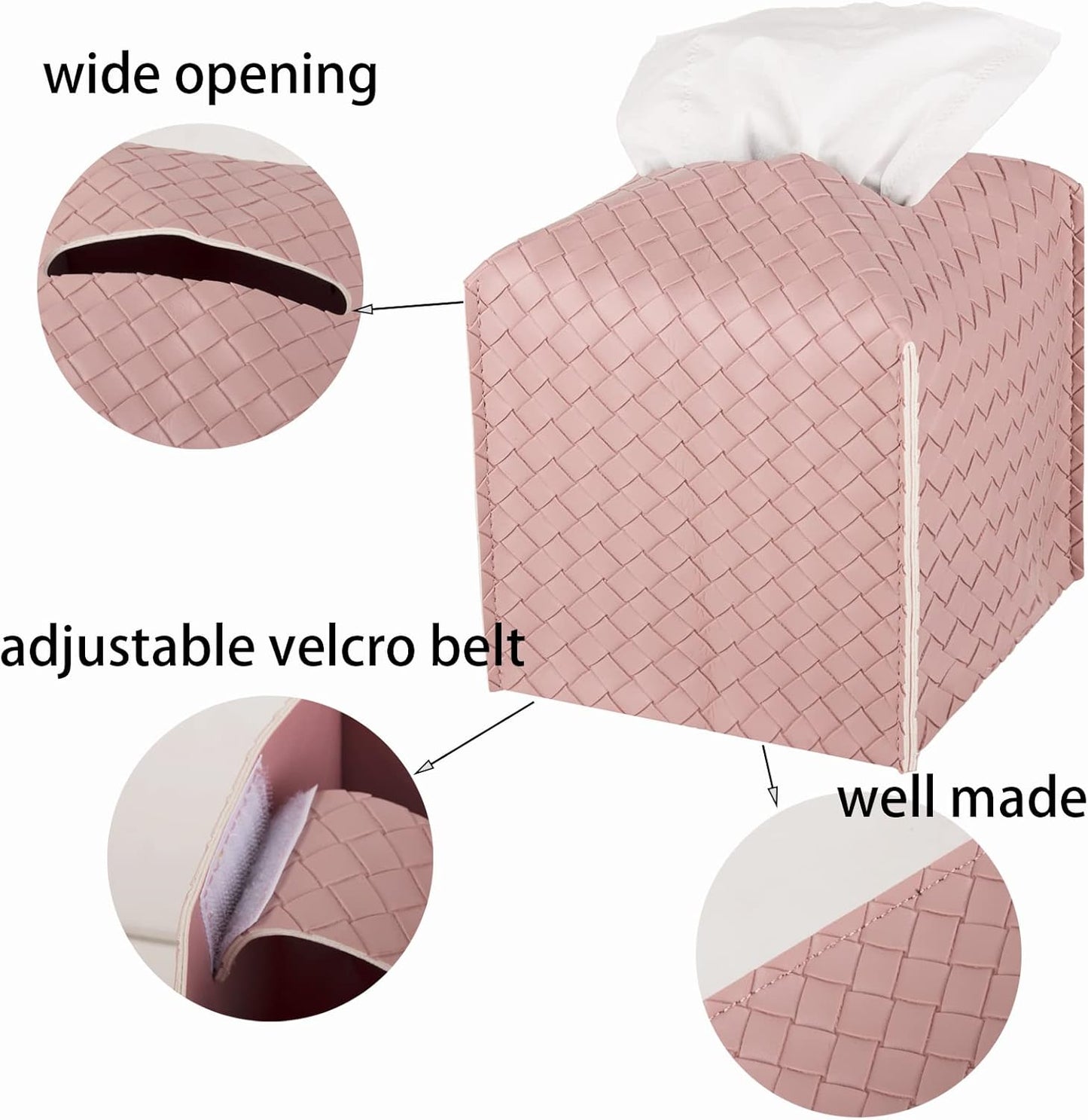 Tissue Box Cover PU Leather Tissue Holder Square Facial Tissue Case Facial Paper Organizer Dispenser for Bathroom, Vanity Countertop, Tabletop, Car, Pink