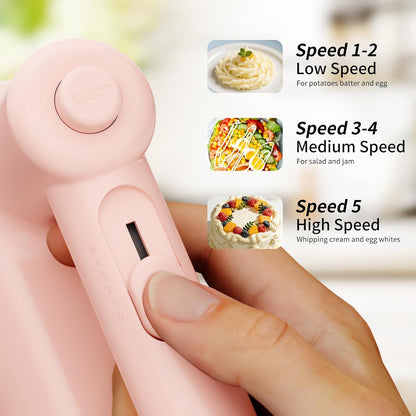 Hand Mixer Electric, 5 Speed Hand Mixer Electric Handheld with Turbo, Lightweight Stainless Steel Beaters, Dough Hooks, Blending or Cooking (Pink)