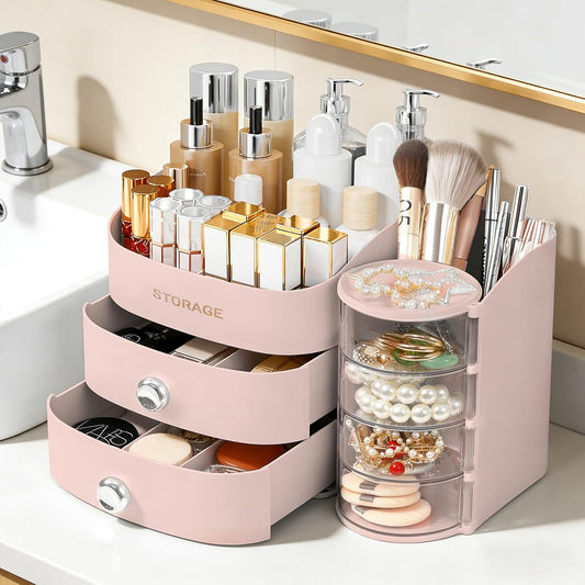 XIAPIA Makeup Organizer Countertop, Make Up Organizer for Vanity, Skincare & Cosmetic Organizers with Drawers, Bathroom Organizers Storage for Brush Holder|Lipstick|Jewelry, Ideal Gift for Women PINK