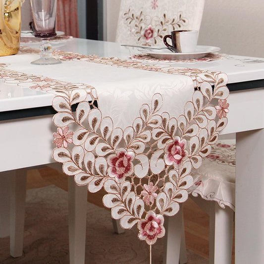 15" X 77" Vintage Flower Embroidered Polyester Lace Cream Floral Table Runner Dresser Scarves Dining Dinner Home Decor, Pink Flower