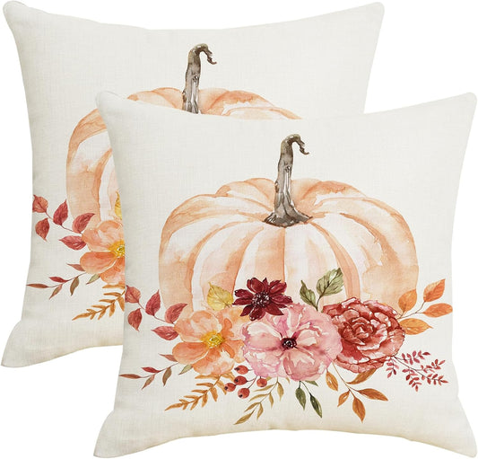Fall Decor Pumpkin Throw Pillows Cover 18x18 Autumn Orange Pink Floral Outdoor Pillow Covers Set of 2 Thanksgiving Farmhouse Pillow Case Linen Decorative Cushion Cover for Home Couch Bed Sofa Decor