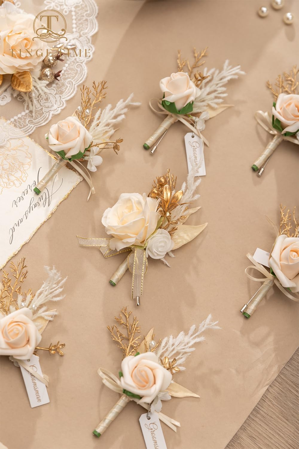 TINGE TIME Boutonniere for Men, Groom and Best Man Boutonniere for Wedding Ceremony Anniversary, Formal Dinner Party and Rustic Wedding Marriage (Champagne&Pink)