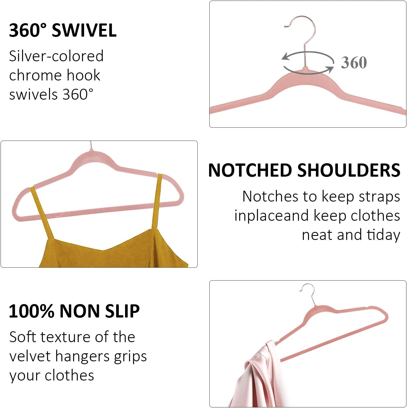 VECELO Premium Velvet Clothes Hangers Suit Heavy Duty (60 Pack)-Non Slip & Space-Saving with 8 Finger Clips & Tie Rack Excellent for Men and Women,Light Pink